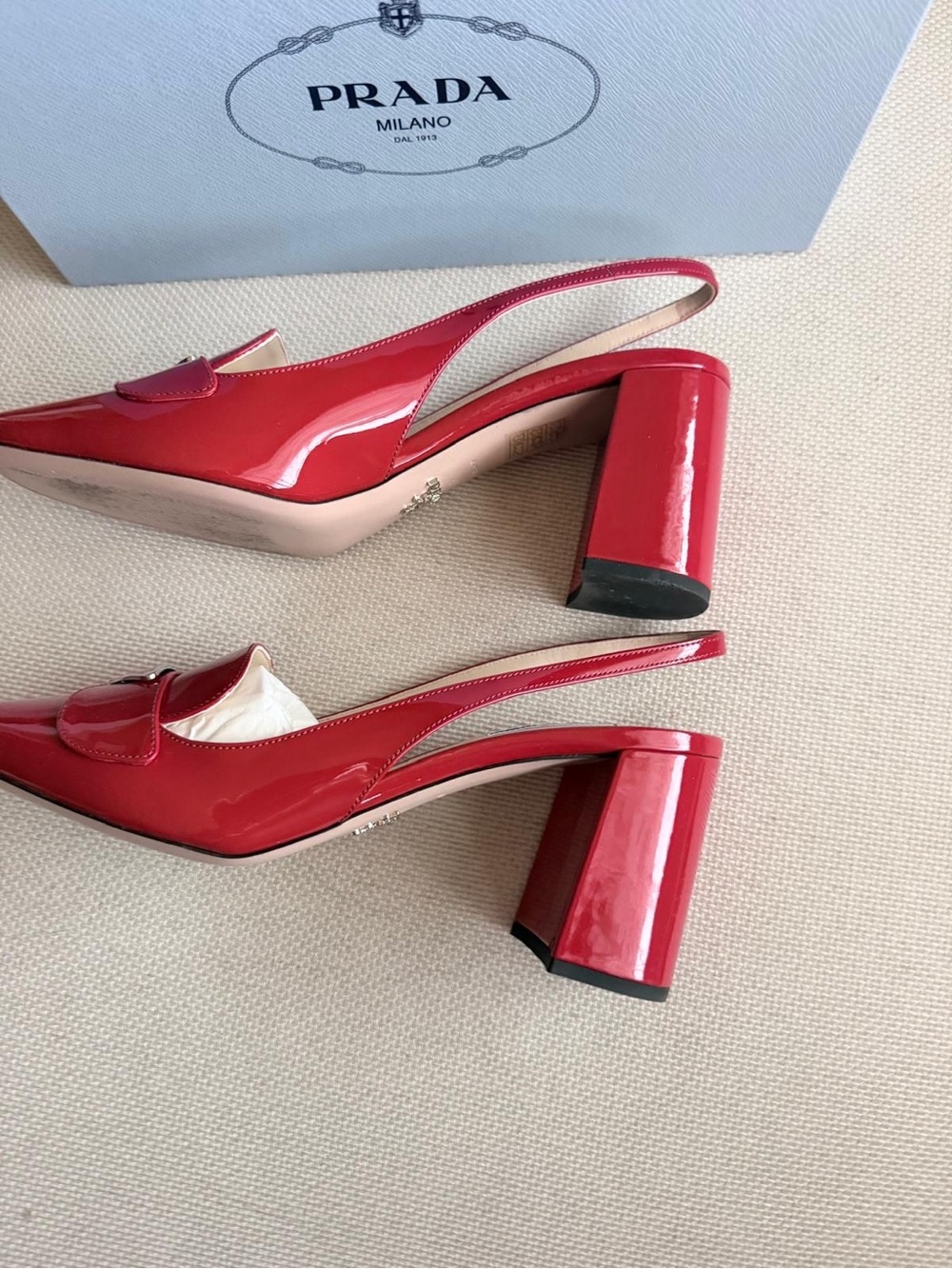 Prada Red Patent Slingback Block Heels - Picture 5 of 12